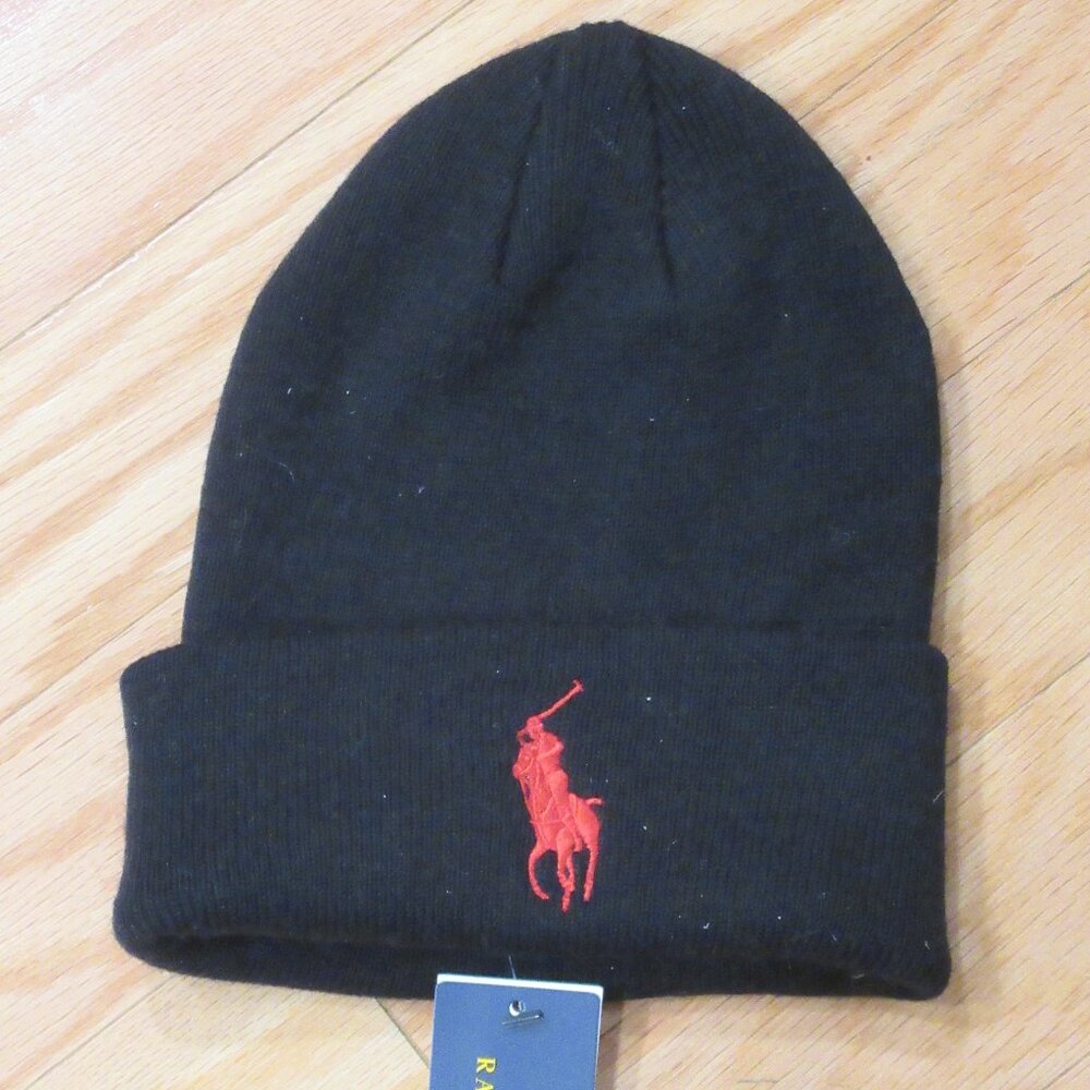 Ralph Lauren Polo Mens Cuffed Winter Knit Beanie Hat Black w/ Red Big Pony ~NWT~